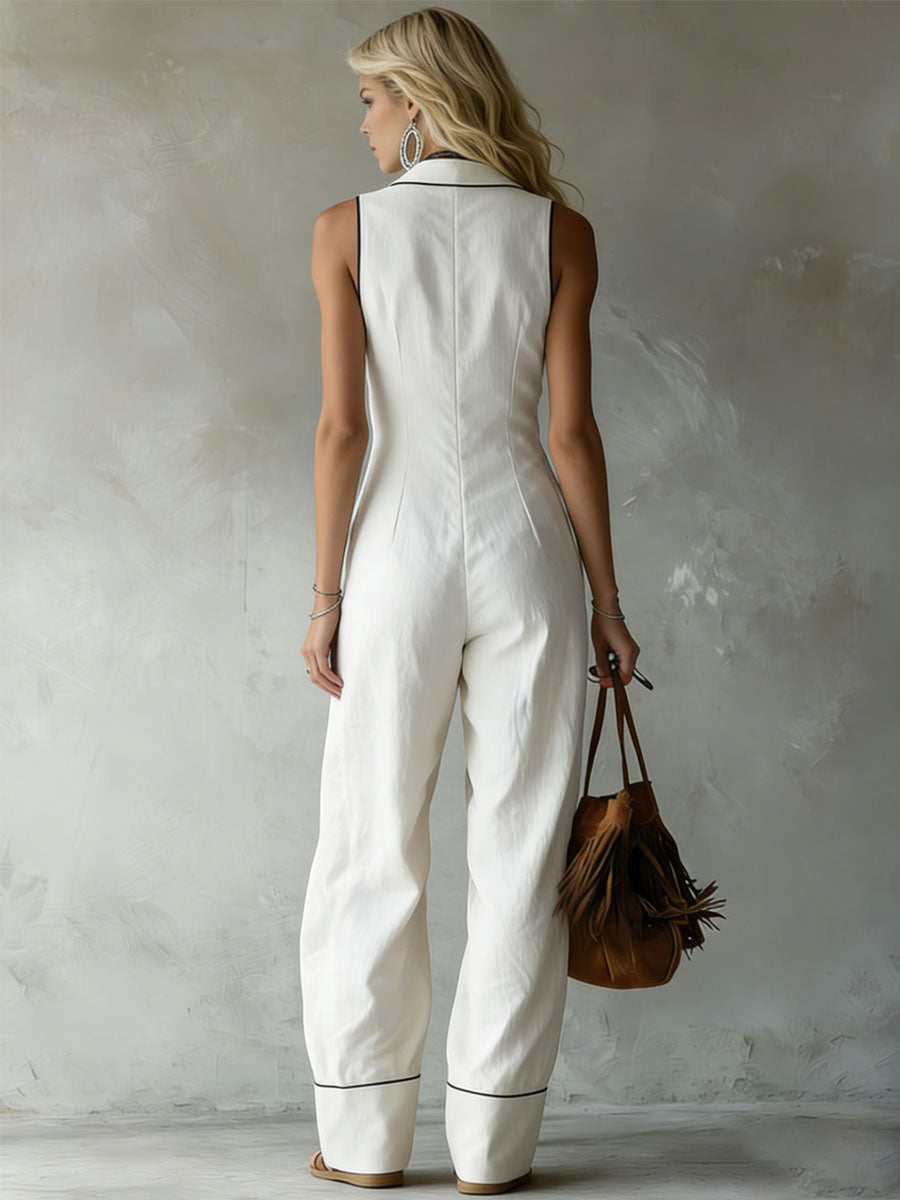Retro-style Collared Embroidered Cotton And Linen Sleeveless Jumpsuit