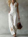 Retro-style Collared Embroidered Cotton and Linen Sleeveless Jumpsuit