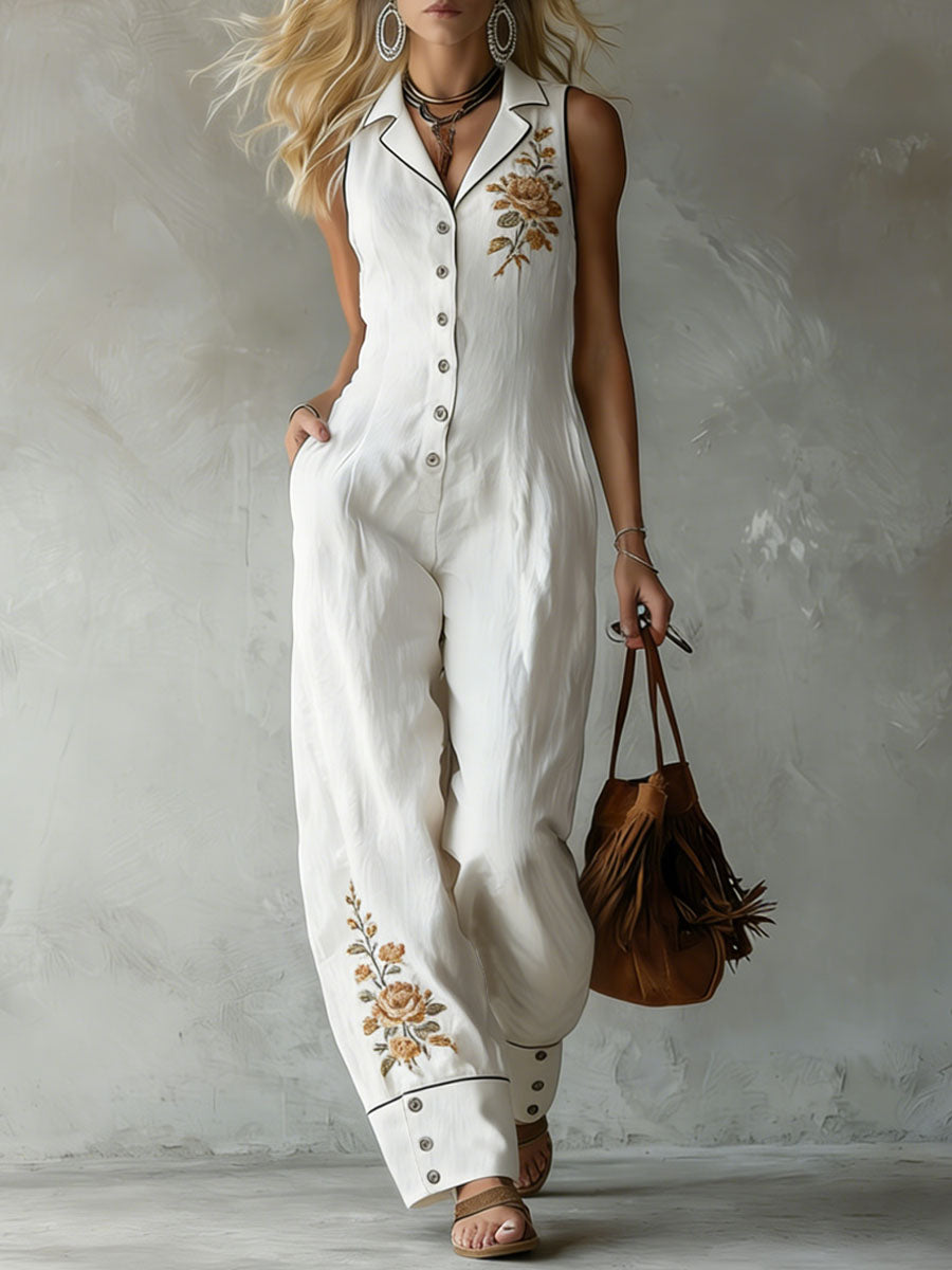 Retro-style Collared Embroidered Cotton and Linen Sleeveless Jumpsuit