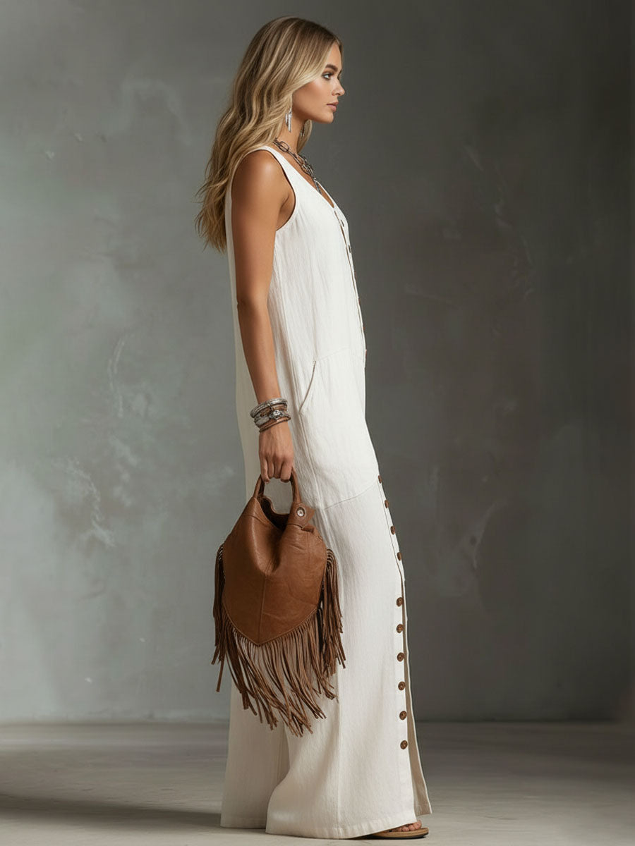 Retro-style Round Neck Button-down Slit Cotton Linen Sleeveless Jumpsuit