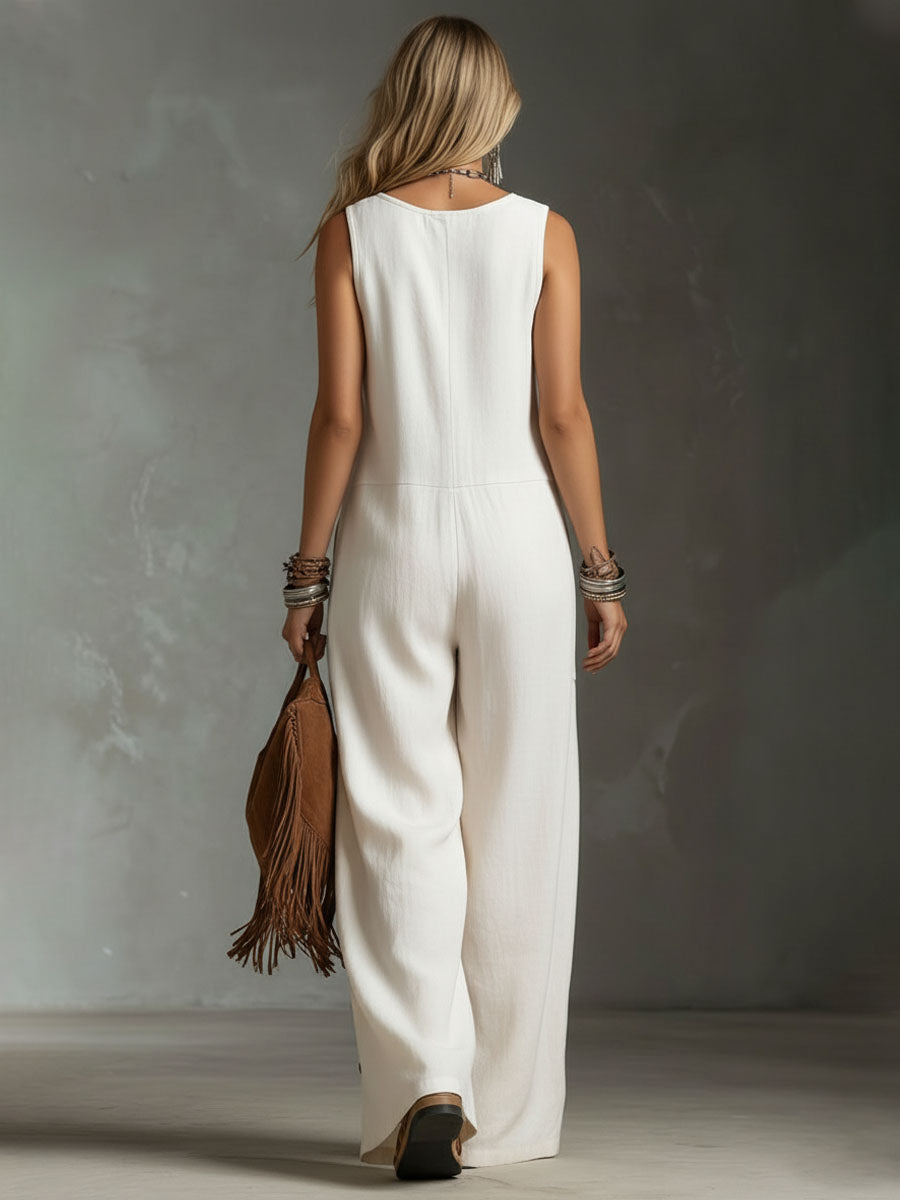 Retro-style Round Neck Button-down Slit Cotton Linen Sleeveless Jumpsuit