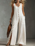 Retro-style Round Neck Button-down Slit Cotton Linen Sleeveless Jumpsuit