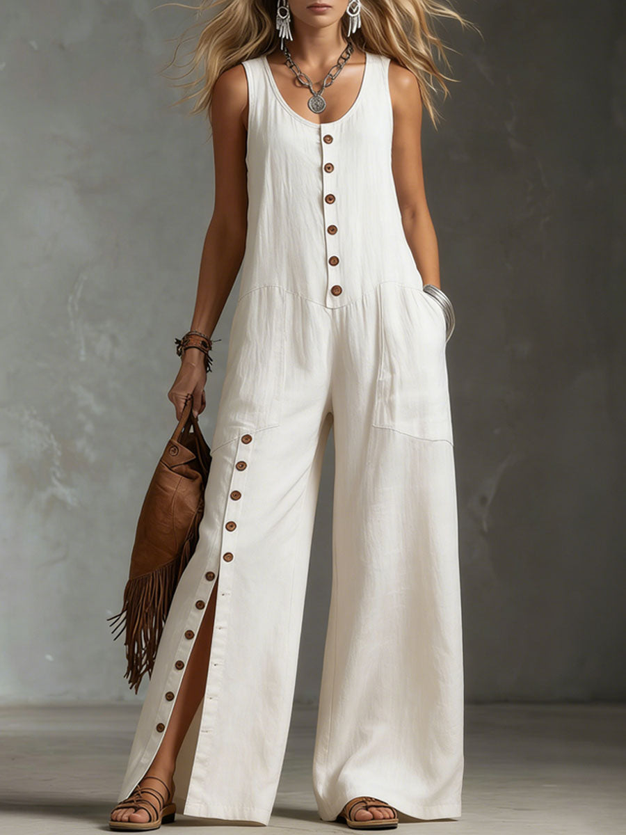 Retro-style Round Neck Button-down Slit Cotton Linen Sleeveless Jumpsuit