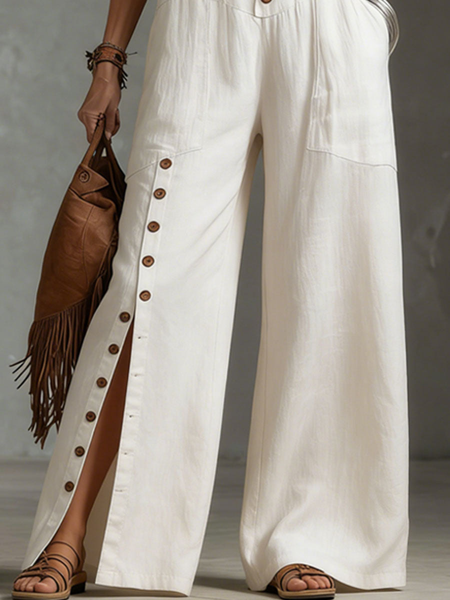 Retro-style Round Neck Button-down Slit Cotton Linen Sleeveless Jumpsuit
