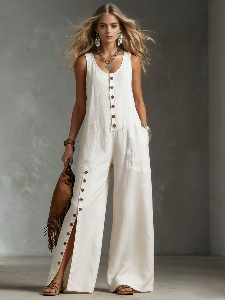 Retro-style Round Neck Button-down Slit Cotton Linen Sleeveless Jumpsuit
