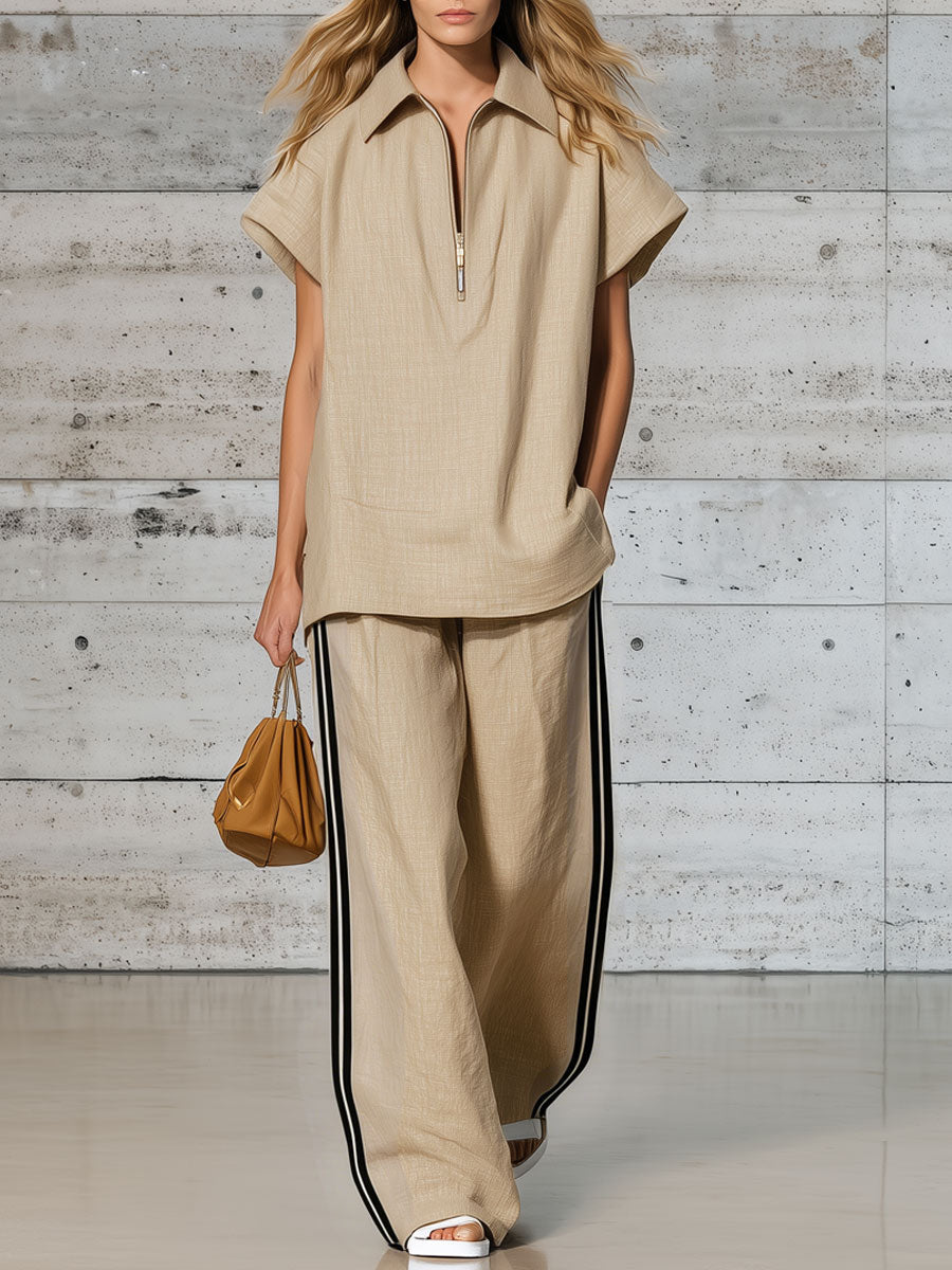 Casual Retro Apricot Cotton Linen Short-Sleeved Half-Zip Top and Trousers Set