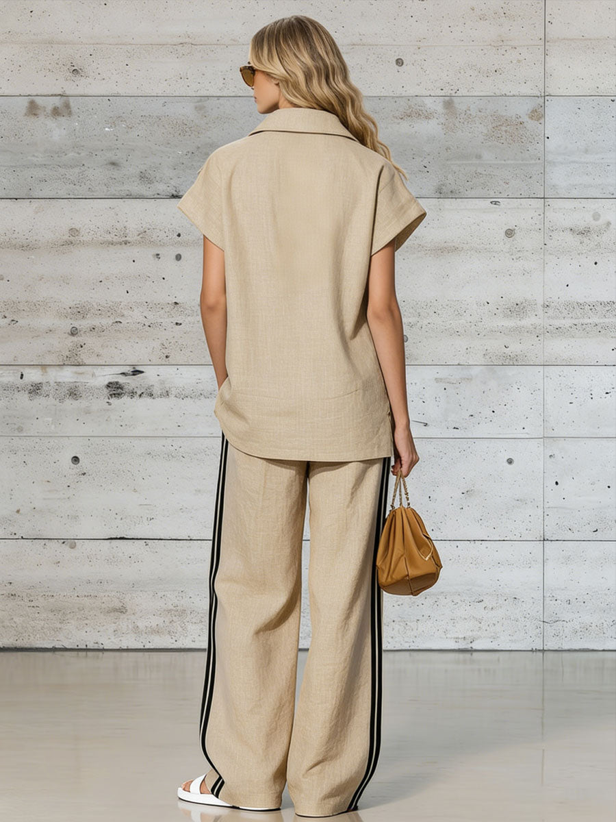 Casual Retro Apricot Cotton Linen Short-Sleeved Half-Zip Top And Pants Set