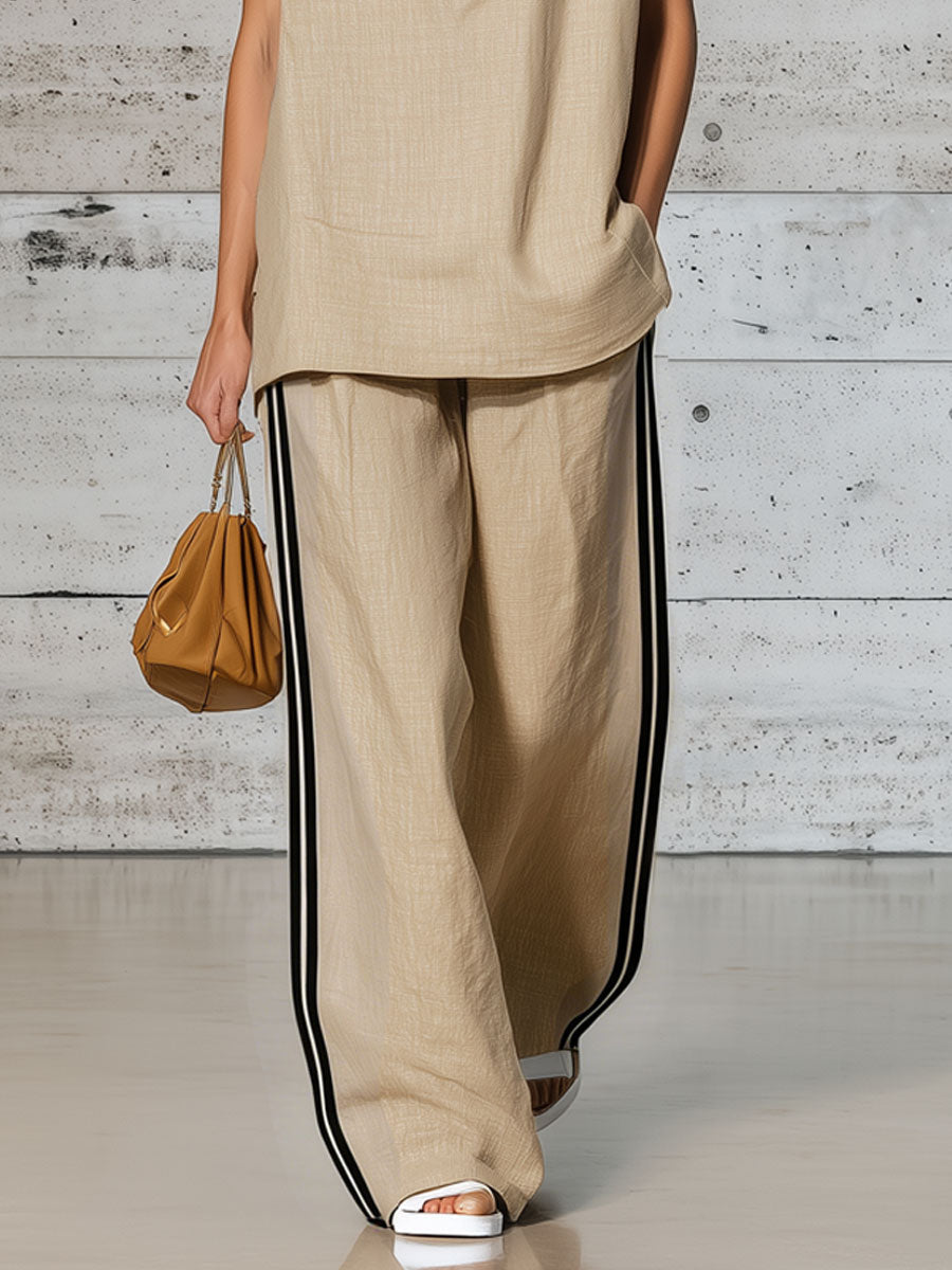 Casual Retro Apricot Cotton Linen Short-Sleeved Half-Zip Top And Pants Set