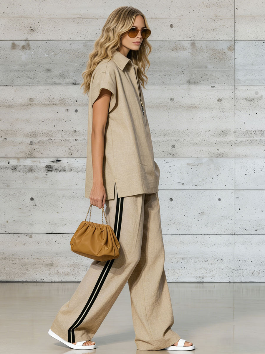 Casual Retro Apricot Cotton Linen Short-Sleeved Half-Zip Top and Trousers Set