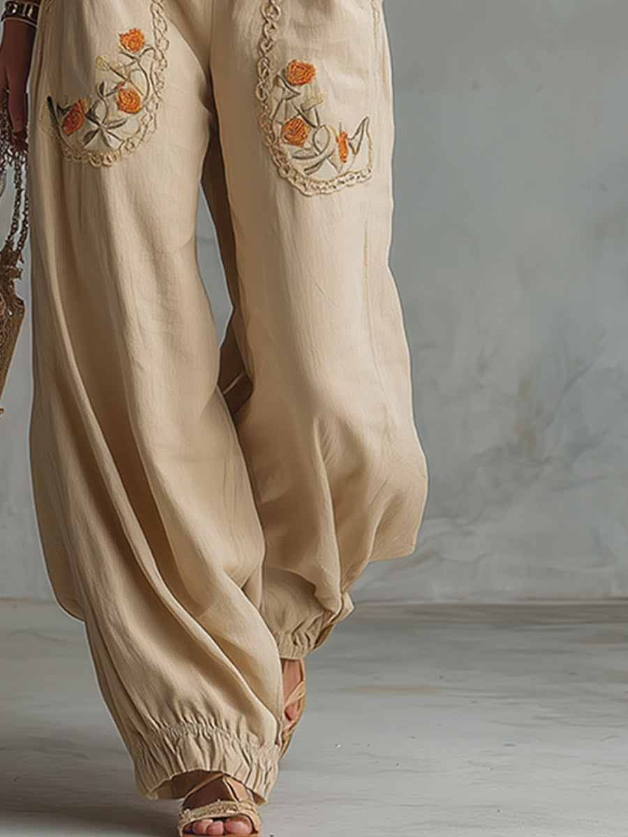 Retro Bohemian Embroidered Beige Cotton-Linen Sleeveless Wide-Leg Jumpsuit