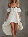 Vintage Lace-trimmed White Off-the-shoulder Fitted Chiffon Midi Dress