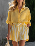 Stylish Retro Yellow Cotton-Linen Blend Shirt and Striped Chiffon Shorts Set