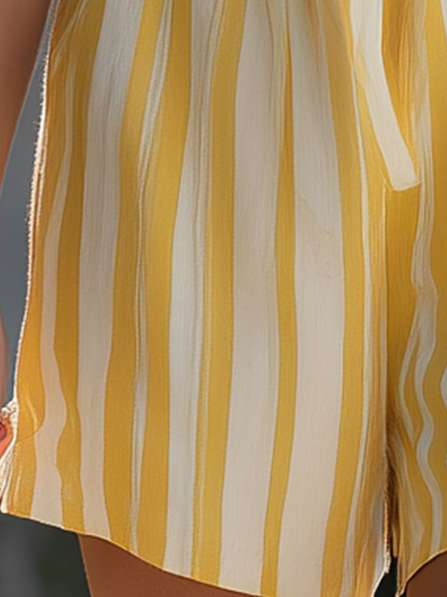 Stylish Retro Yellow Cotton-Linen Blend Shirt and Striped Chiffon Shorts Set