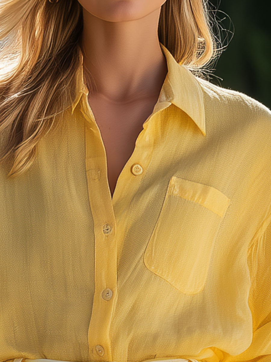 Stylish Retro Yellow Cotton-Linen Blend Shirt and Striped Chiffon Shorts Set
