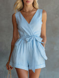 Casual Retro Blue V-neck Sleeveless Tie-waist Cotton-linen Blend Jumpsuit