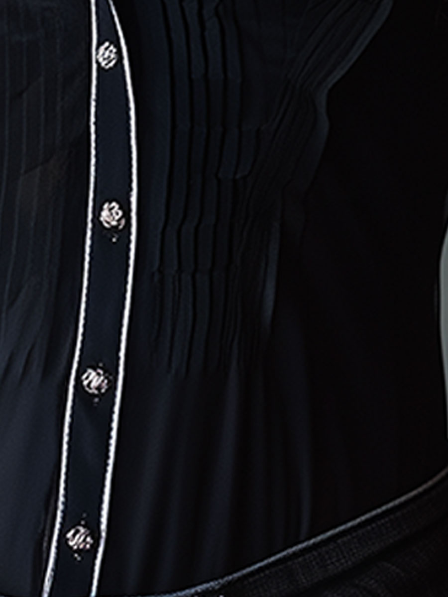 Vintage Embroidered Black Chiffon Shirt with White Trim and Short Sleeves