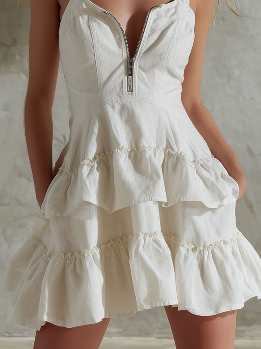 Retro Wide-strap Zipper Ruffle Cotton Sleeveless Mini Dress