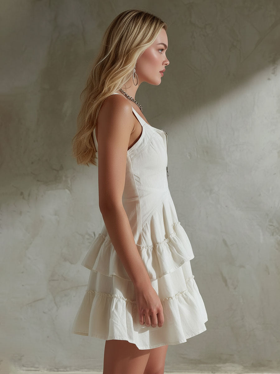 Retro Wide-strap Zipper Ruffle Cotton Sleeveless Mini Dress