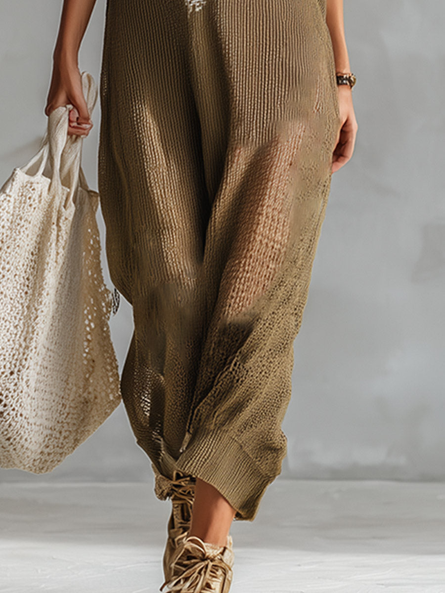 Elegant Vacation-Style Olive Green Floral Breathable Knit Sleeveless Maxi Dress