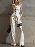 Casual Retro Off-White Cotton Linen Sleeveless Shirt and Striped Trousers Set