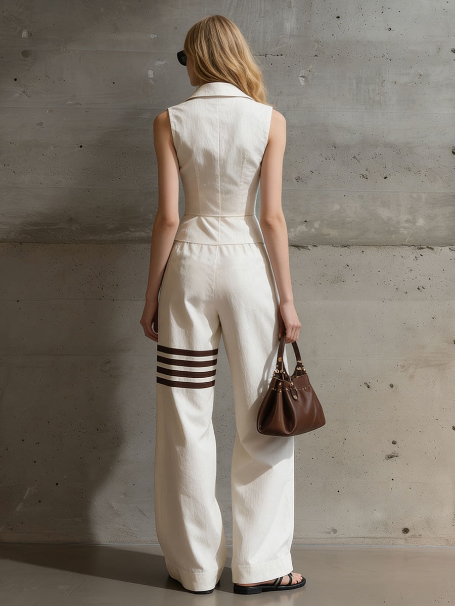 Casual Retro Off-White Cotton Linen Sleeveless Shirt and Striped Trousers Set