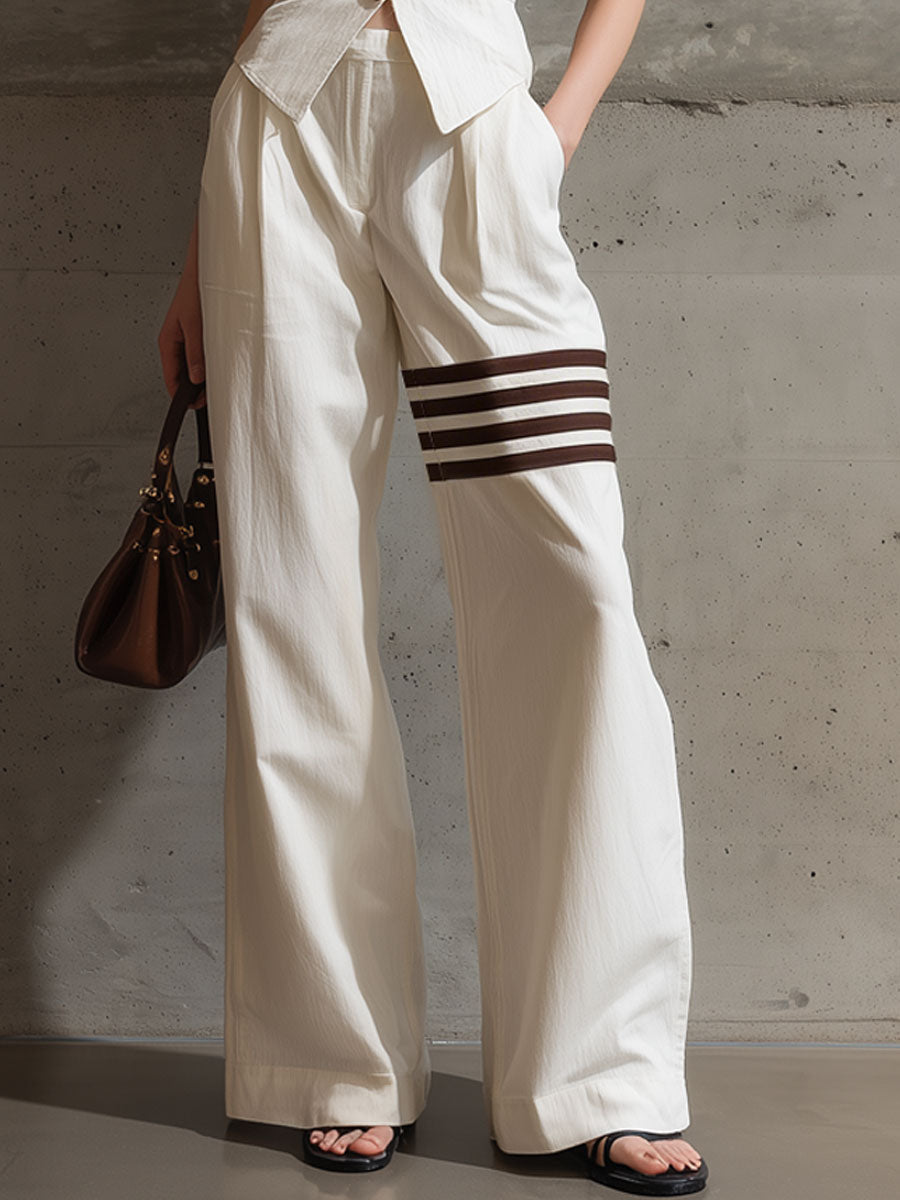Casual Retro Off-White Cotton Linen Sleeveless Shirt and Striped Trousers Set