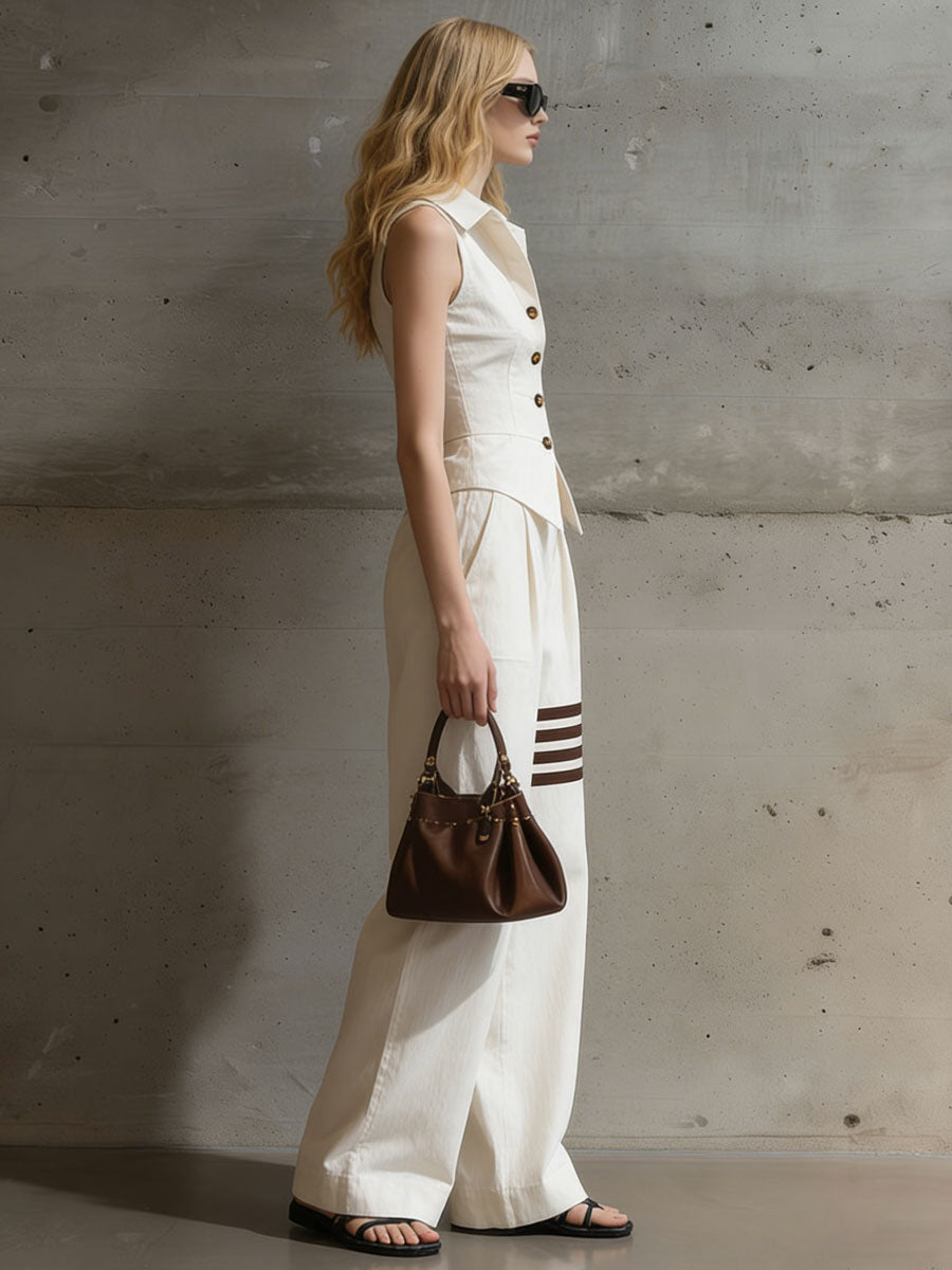 Casual Retro Off-White Cotton Linen Sleeveless Shirt and Striped Trousers Set