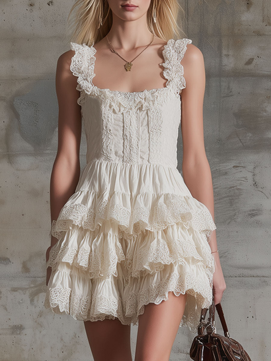 Western Bohemian Vintage White Chiffon Lace Ruffled Sleeveless Mini Dress