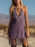 Western Retro Tassel Embroidered Purple V-neck Mini Dress