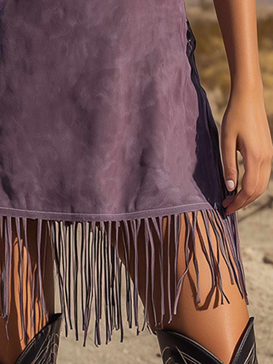 Western Retro Tassel Embroidered Purple V-neck Mini Dress