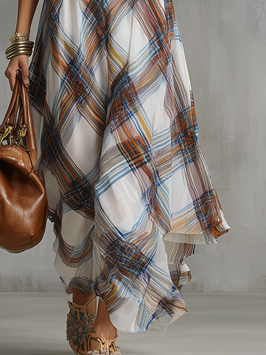 Classic Urban Silhouette Plaid-Print White Chiffon Maxi Dress