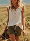 Vintage Western White Cotton-Linen Crewneck Top and Olive Green Cotton Shorts Set
