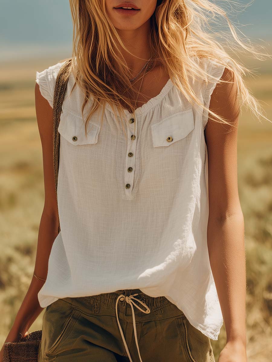 Vintage Western White Cotton-Linen Crewneck Top and Olive Green Cotton Shorts Set