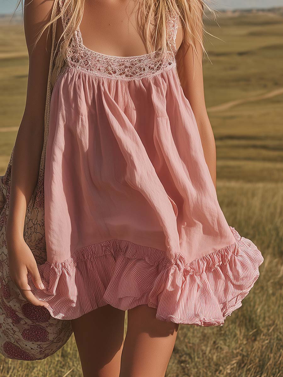 Elegant Retro Western Square Neckline Lace Trim Ruffled Hem Pink Cotton-Linen Mini Dress
