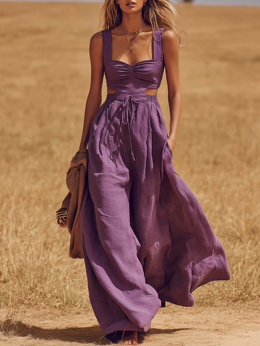 Retro Western Vacation Square Neckline and Waist Cutout Purple Cotton-Linen Maxi Dress