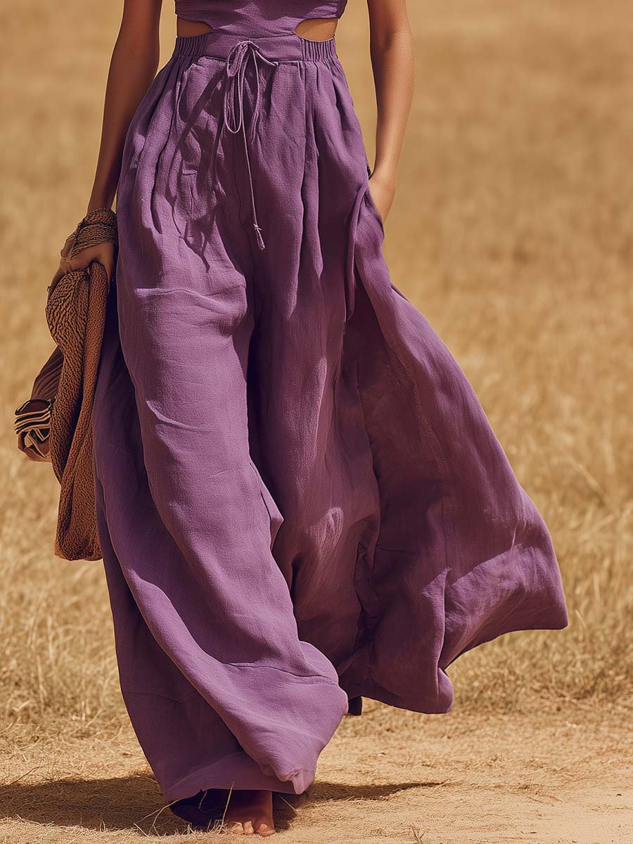 Retro Western Vacation Square Neckline And Waist Cutout Purple Cotton-Linen Maxi Dress