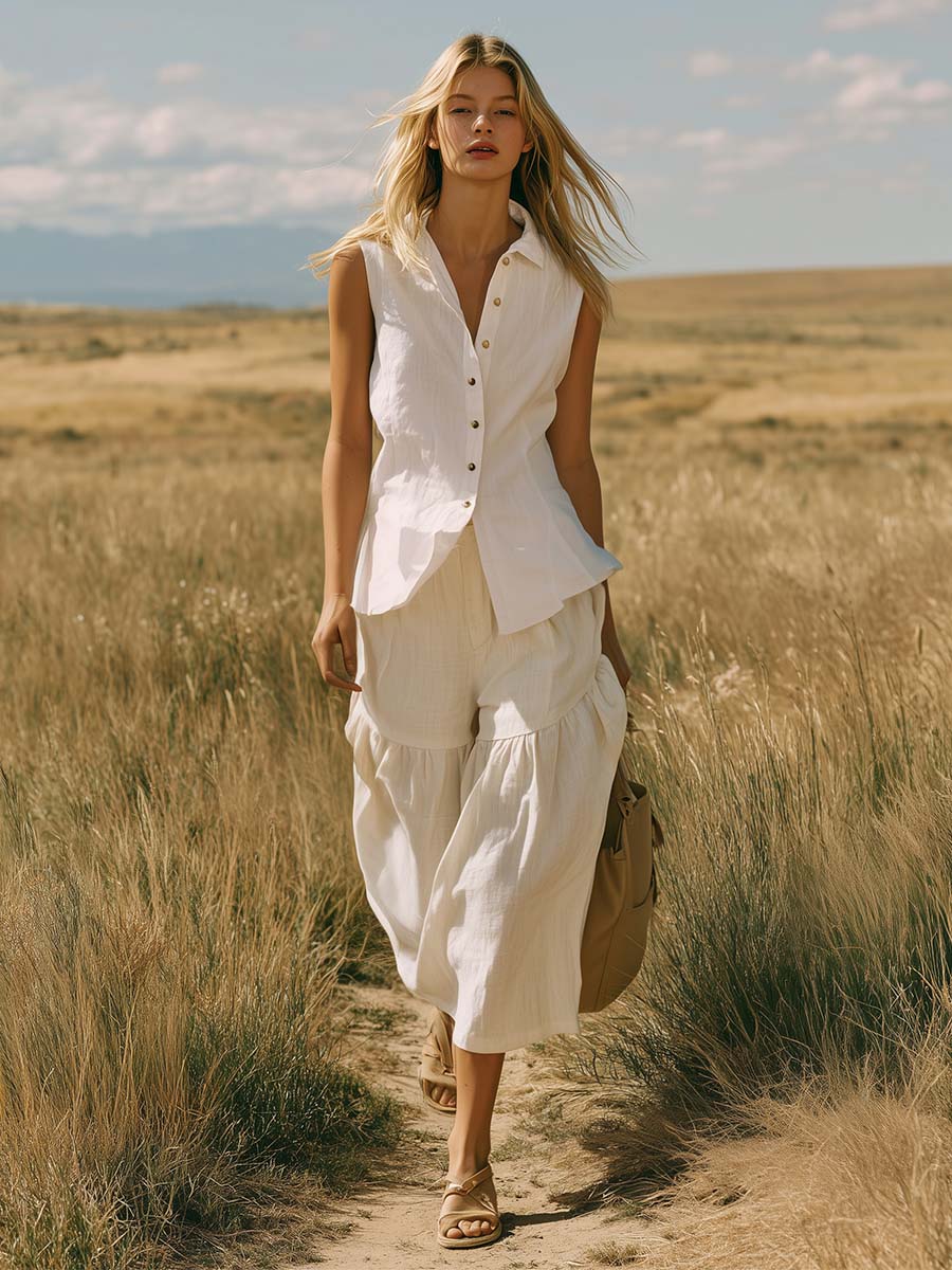 Elegant Western Vacation White Cotton-Linen Collared Button-Front Top and Ruffled Pants Set