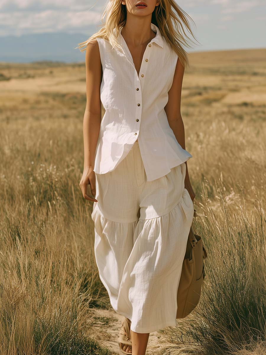 Elegant Western Vacation White Cotton-Linen Collared Button-Front Top And Ruffled Pants Set