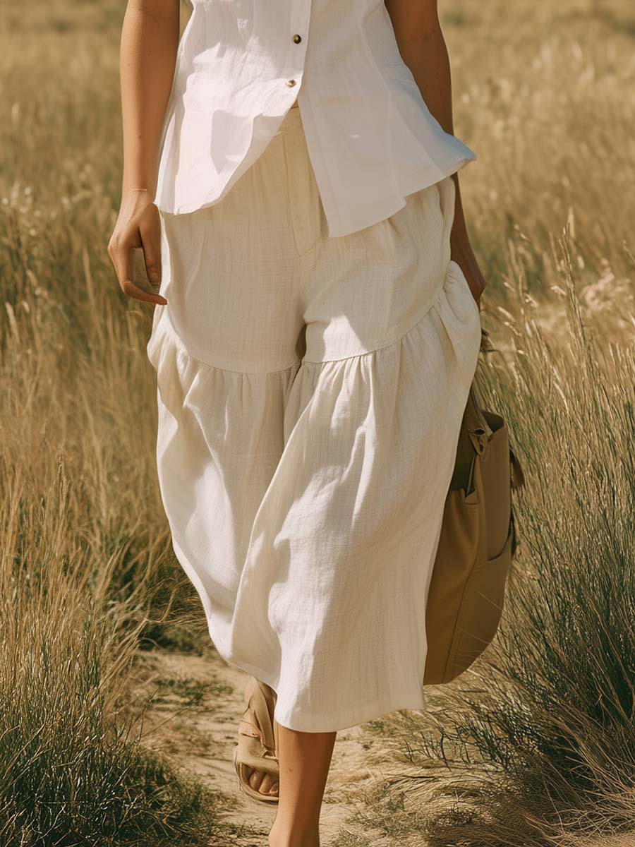 Elegant Western Vacation White Cotton-Linen Collared Button-Front Top And Ruffled Pants Set