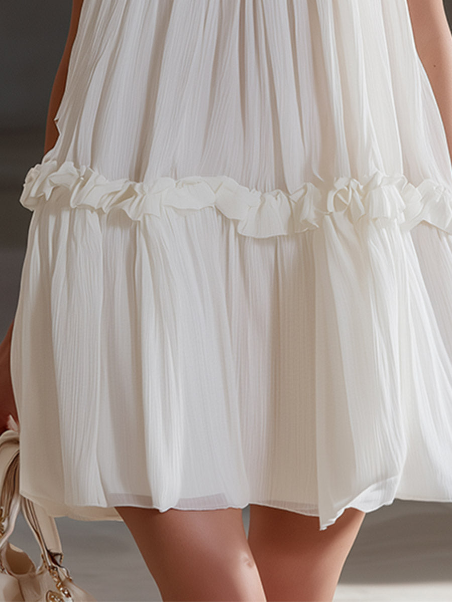 Elegant White Chiffon Ruffled Sleeveless Mini Dress