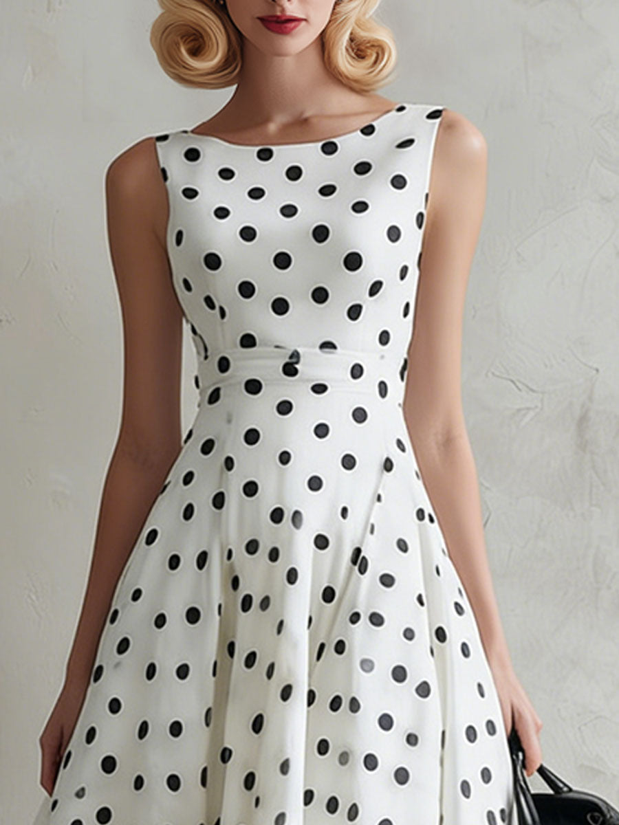 Fashionable Retro Black Polka Dot White Chiffon A-line Sleeveless Midi Dress