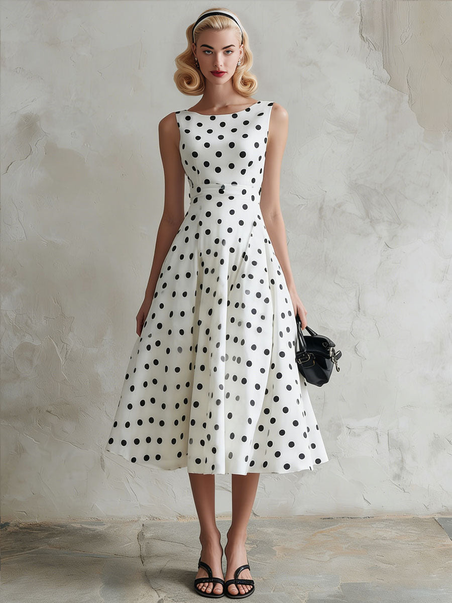 Fashionable Retro Black Polka Dot White Chiffon A-line Sleeveless Midi Dress