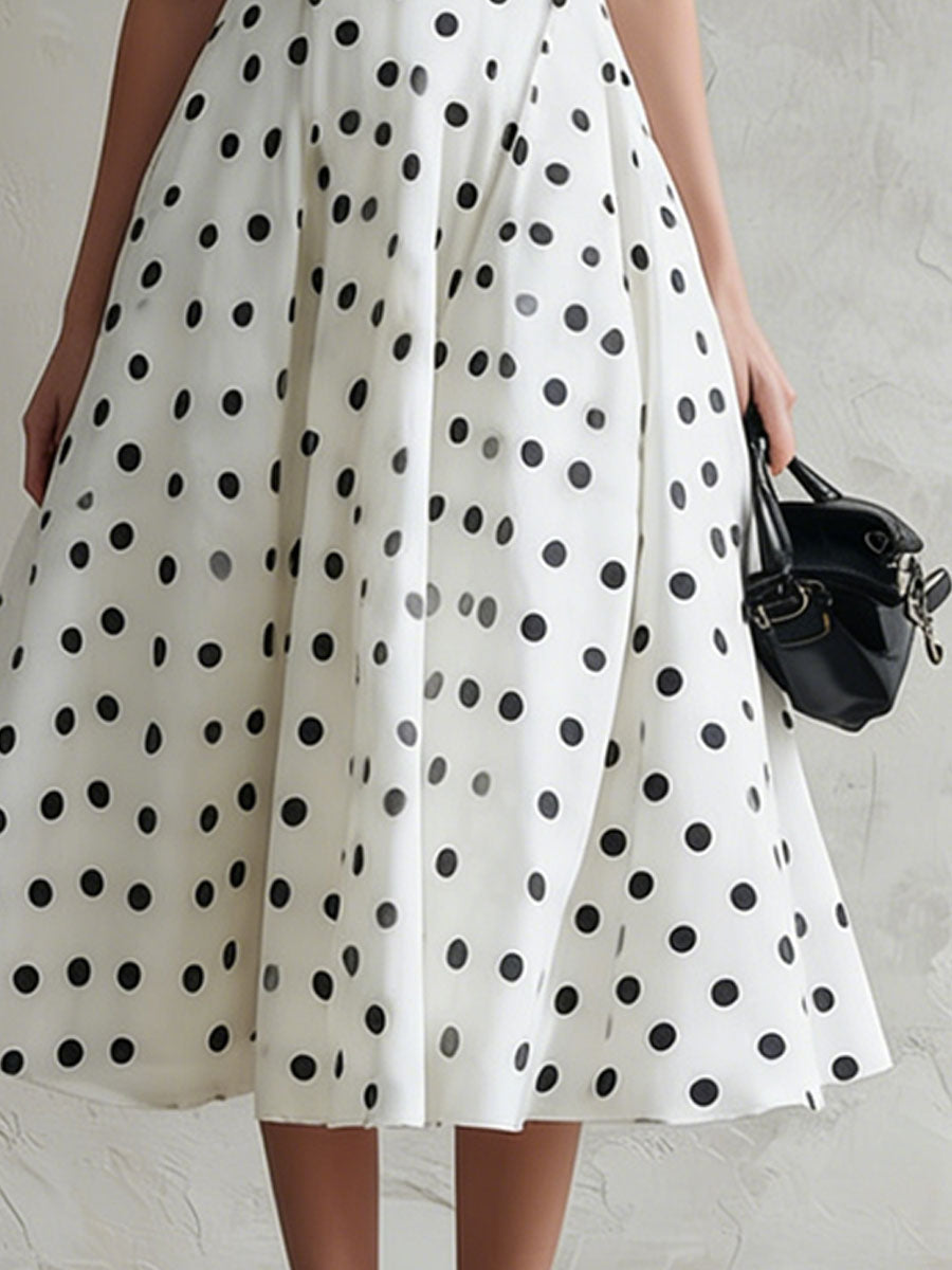 Fashionable Retro Black Polka Dot White Chiffon A-line Sleeveless Midi Dress