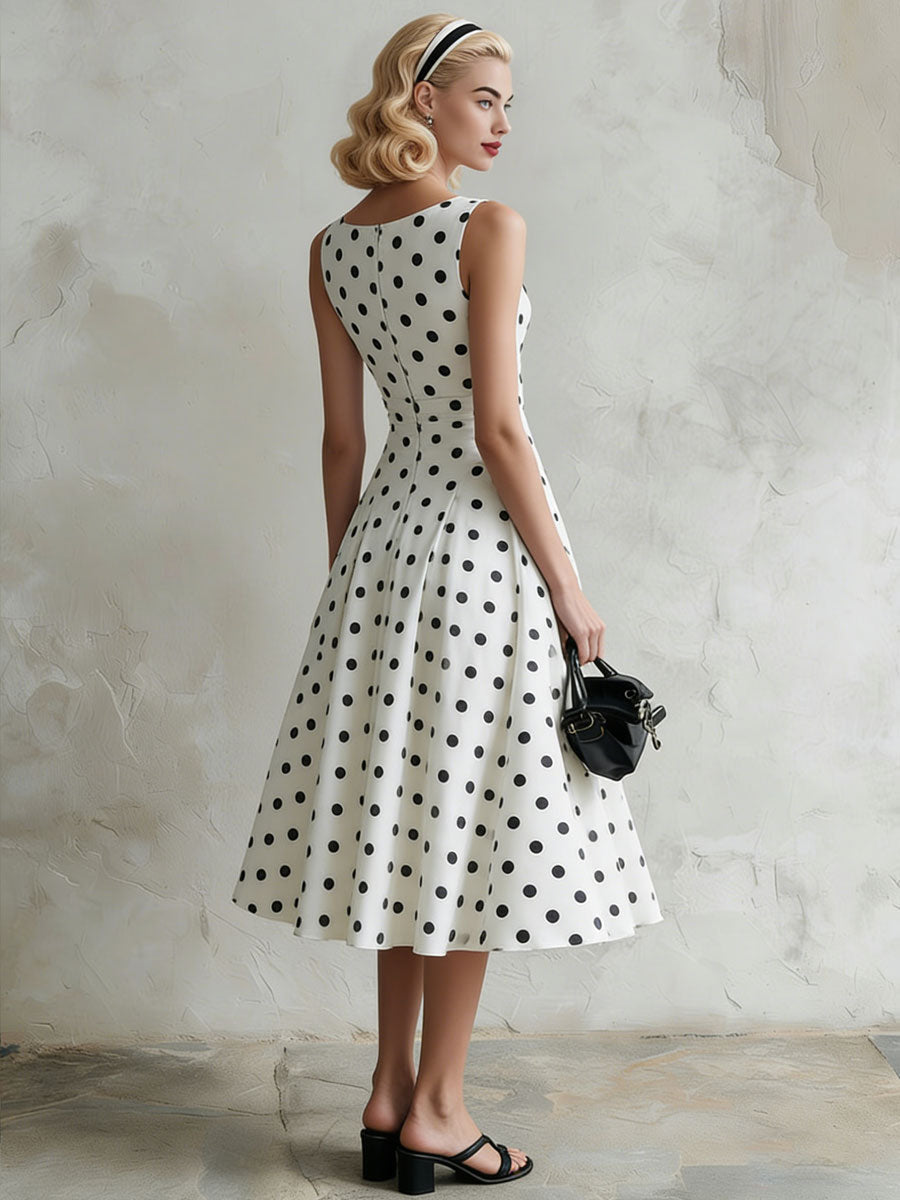 Fashionable Retro Black Polka Dot White Chiffon A-line Sleeveless Midi Dress