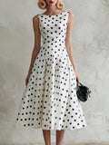 Fashionable Retro Black Polka Dot White Chiffon A-line Sleeveless Midi Dress