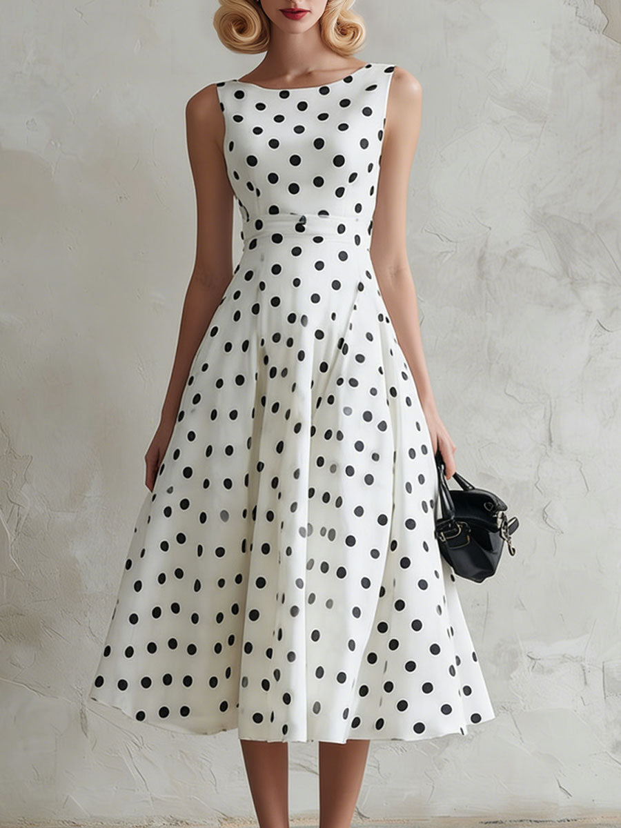 Fashionable Retro Black Polka Dot White Chiffon A-line Sleeveless Midi Dress
