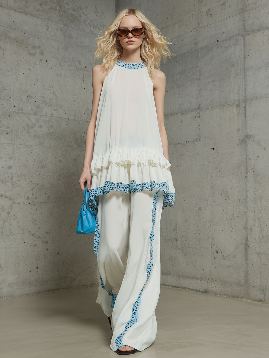 Fashionable Retro Leopard Print Trim White Chiffon Ruffled Top and Wide-leg Pants Set