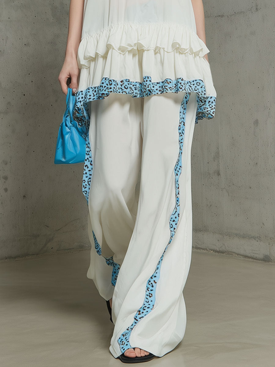 Fashionable Retro Leopard Print Trim White Chiffon Ruffled Top and Wide-leg Pants Set