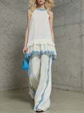 Fashionable Retro Leopard Print Trim White Chiffon Ruffled Top and Wide-leg Trousers Set
