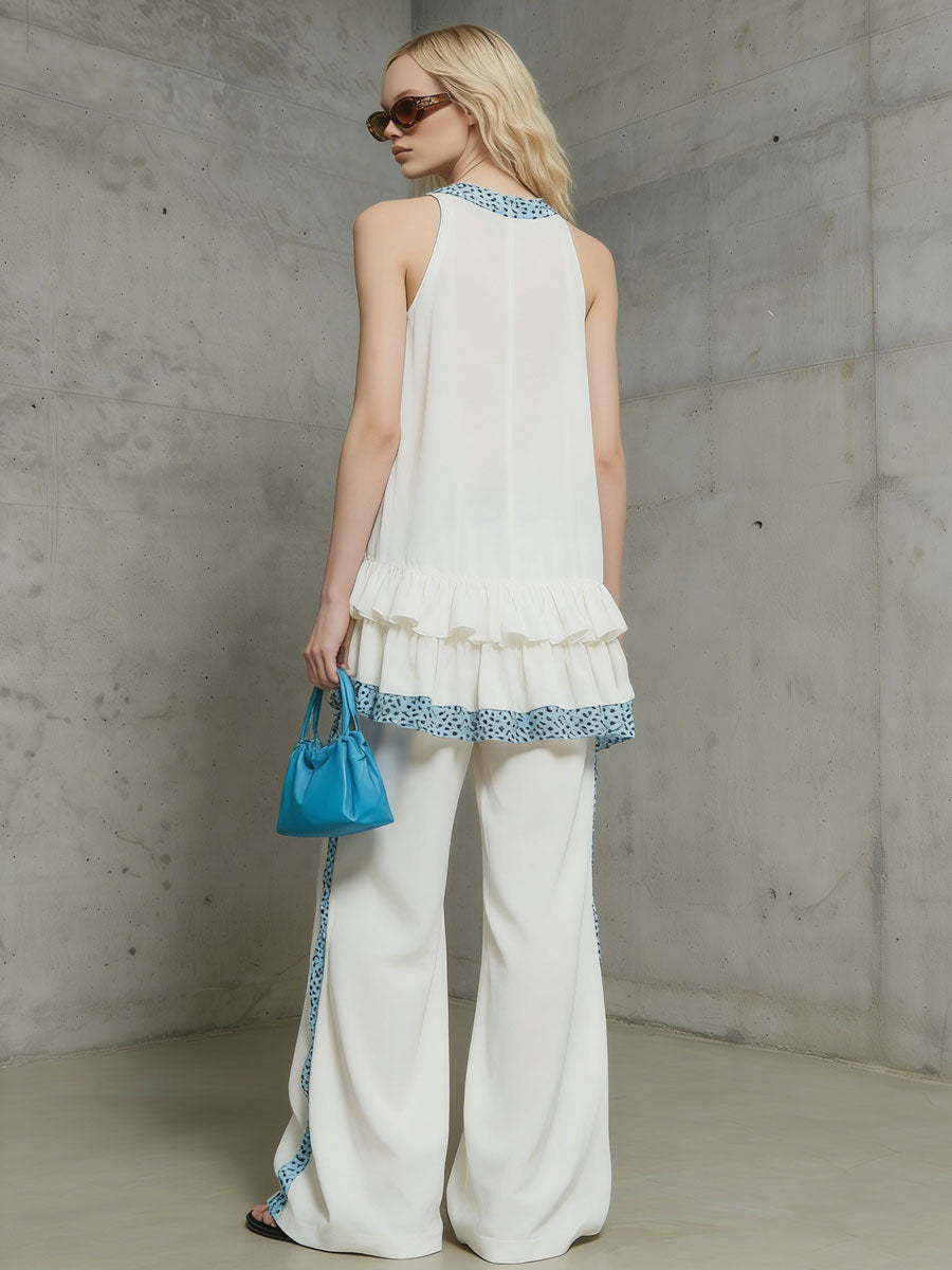 Fashionable Retro Leopard Print Trim White Chiffon Ruffled Top and Wide-leg Pants Set